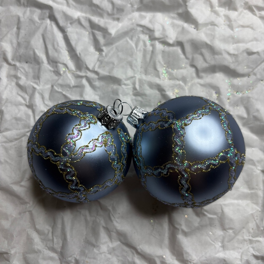 Crate&Barrel Christmas Ornaments Silverish Blue Glitter Trellis Set of 2 - Picture 4 of 9